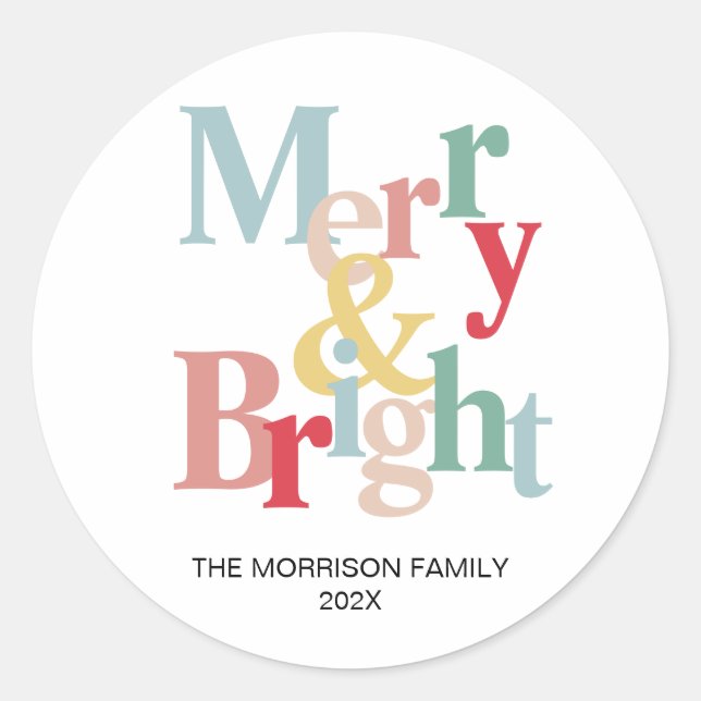 Modern typography Merry and bright  Classic Round Sticker (Front)