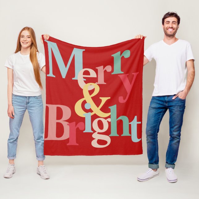 Modern typography Merry and bright red Fleece Blanket (In Situ)