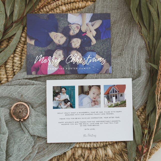 Modern Typography Merry Christmas 4 Photo Holiday Card (Creator Uploaded)