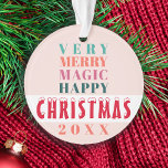 Modern typography Merry Christmas family name Ornament<br><div class="desc">Bold typography script and a warm orange,  teal blue,  hunter green,  pink and red colour palette making a modern contemporary style Christmas family or business corporate greetings tree ornament.              Personalise it with your name and text in a hand lettered handwritten script on the backside!</div>
