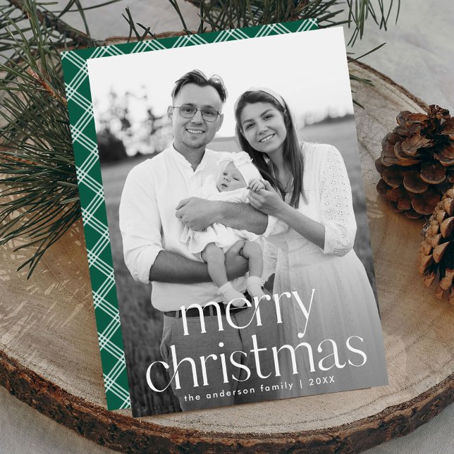 Modern Typography Merry Christmas Green Photo Holiday Card (Creator Uploaded)
