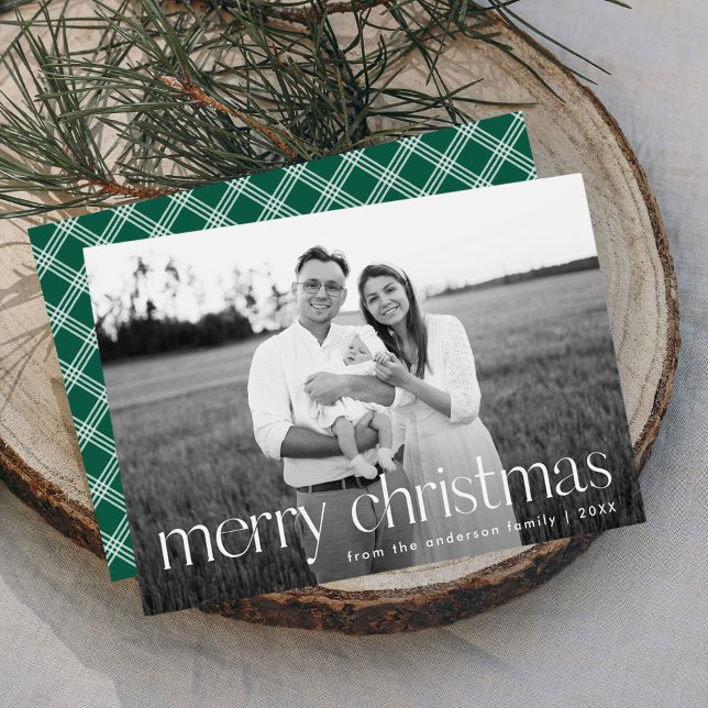 Modern Typography Merry Christmas Green Photo Holiday Card (Creator Uploaded)
