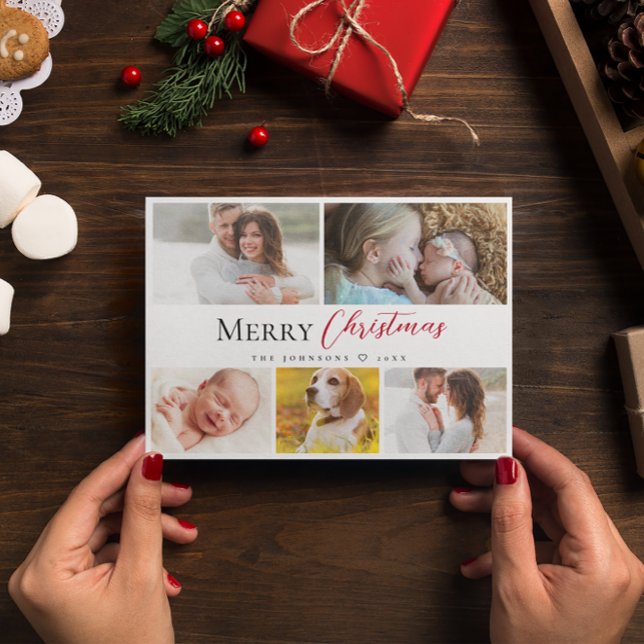 Modern Typography Merry Christmas Multiple Photos Holiday Card (Merry Christmas Family photo collage Holiday card.)
