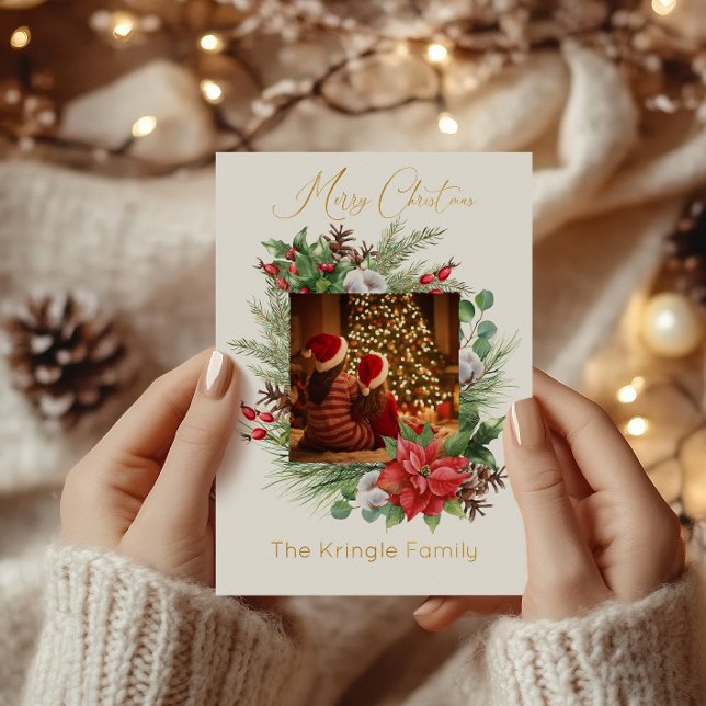 Modern Typography Merry Christmas Wreath Photo Foil Holiday Card (Creator Uploaded)