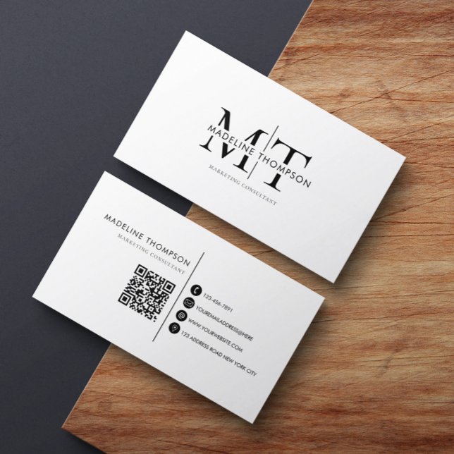 Modern Typography Monogram Black And White QR code Business Card (Creator Uploaded)