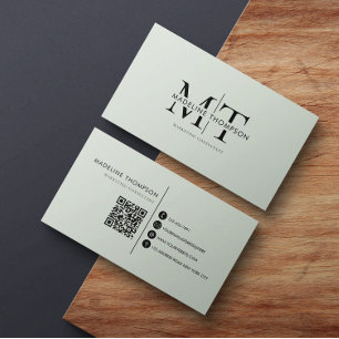 Modern Typography Monogram Sage Green QR code Business Card