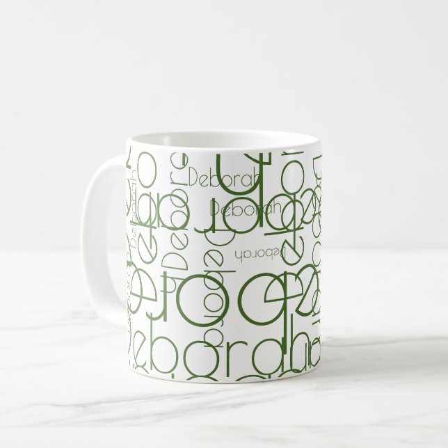 Modern Typography Mug with Green Names (Front Left)