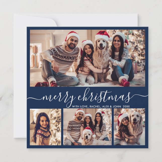 Modern Typography Navy 5 Photo Collage Christmas Holiday Card (Front)