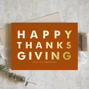 Modern Typography Orange Happy Thanksgiving Gold Foil Holiday Card