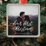 Modern typography Our First Christmas couple photo Metal Ornament<br><div class="desc">A modern typography for this photo ornaments collection. To customise with your favourite picture. You can also easily change the colour of the font to your liking.</div>