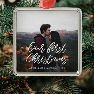 Modern typography Our First Christmas couple photo Metal Ornament