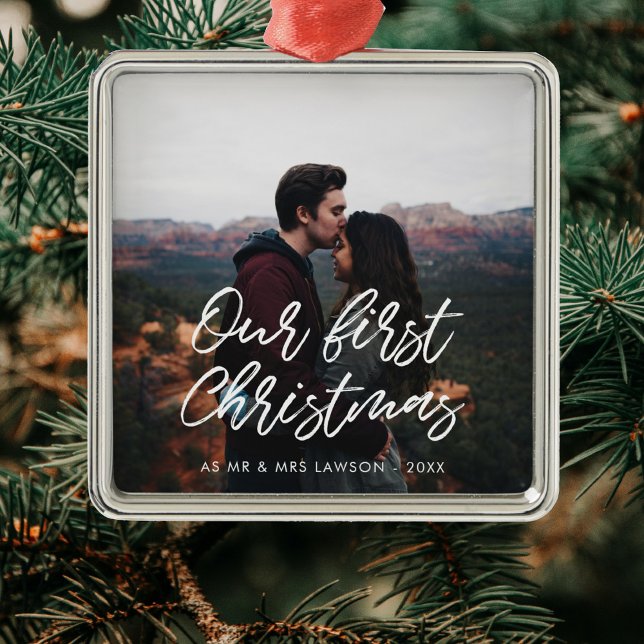 Modern typography Our First Christmas couple photo Metal Ornament (Creator Uploaded)