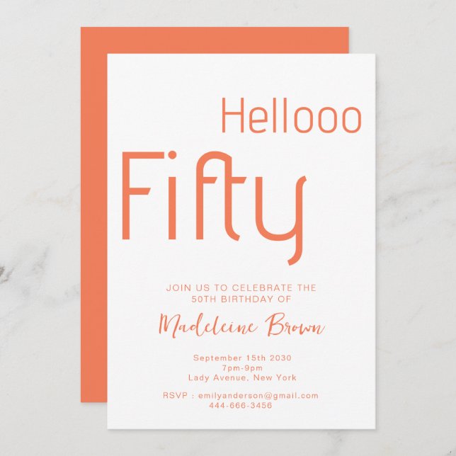 Modern Typography Peach  50th Birthday  Invitation (Front/Back)