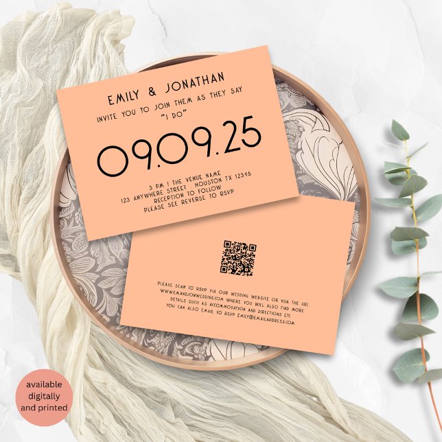 Modern Typography Peach Wedding Invitation (Front and back view)