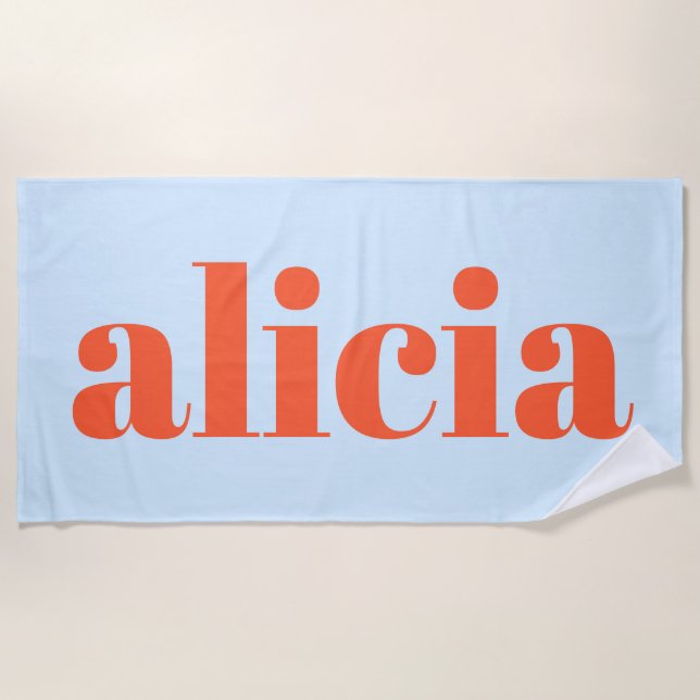 Modern Typography Personalised Name Blue Orange Beach Towel (Front)