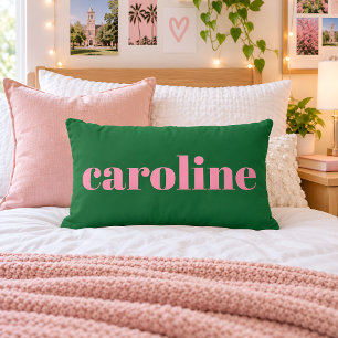 Modern Typography Personalised Name Pink Green Lumbar Cushion