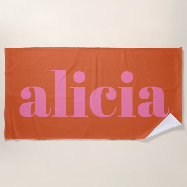 Modern Typography Personalised Name | Pink Orange  Beach Towel (Front)