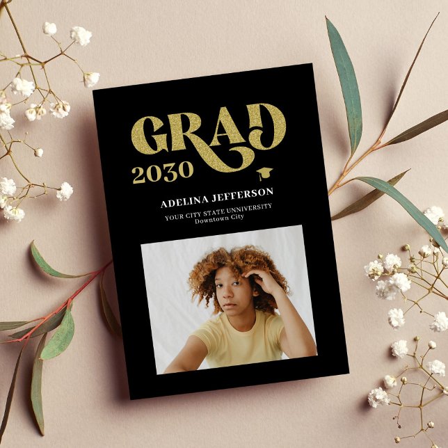 Modern typography photo gold black graduation announcement (Creator Uploaded)