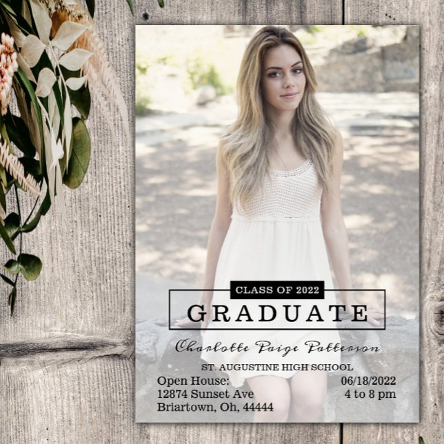 Modern Typography Photo Graduation | Black Invitation (Black Modern Typography Photo Graduation Party Invitation)