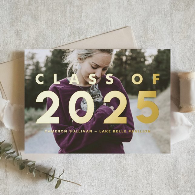 Modern Typography Photo Overlay Graduation Gold (Personalized photo graduation invitation featuring gold foil typography - available in other colors.)