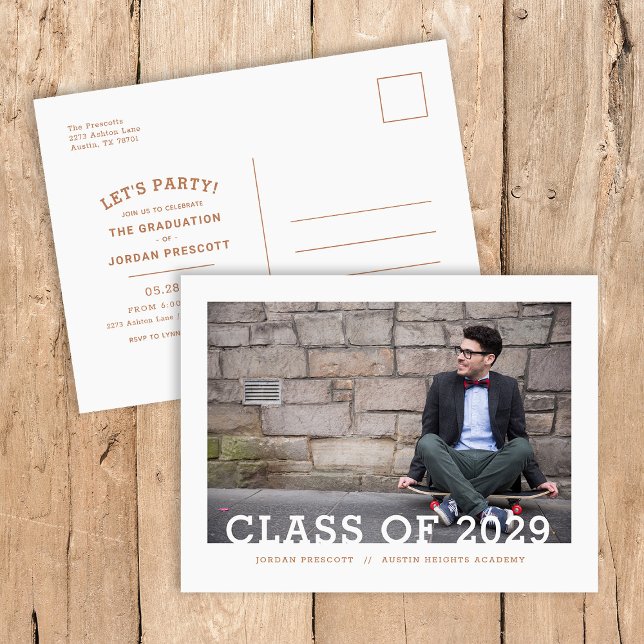 Modern Typography Photo Overlay Graduation Party A Announcement Postcard (Creator Uploaded)