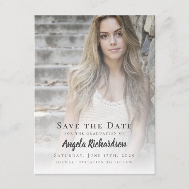 Modern Typography Photo Save the Date Graduation Invitation Postcard (Front)