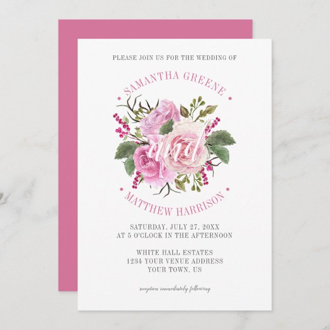 Modern Typography Pink Roses Greenery Wedding Invitation (Front/Back)