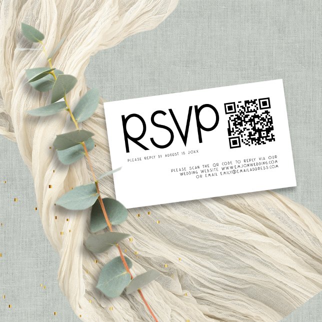 Modern Typography QR Code Black White Wedding RSVP Enclosure Card (mini size 3.5 x 2" enclosure)