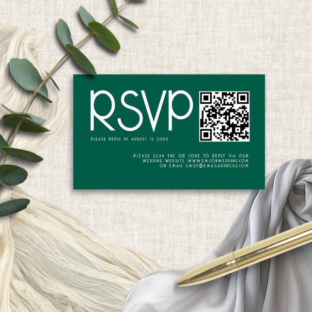 Modern Typography QR Code Emerald Wedding RSVP Enclosure Card (Mini size enclosure)