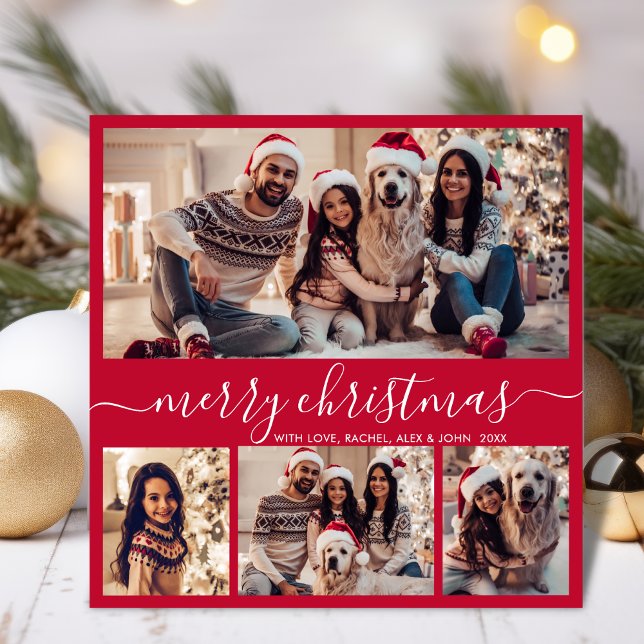 Modern Typography Red 5 Photo Collage Christmas Holiday Card (Creator Uploaded)