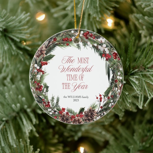  Modern Typography Red Berry Wreath Christmas Ceramic Ornament (Tree)