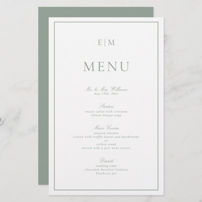Modern Typography Sage Green Monogram Wedding Menu (Front/Back)