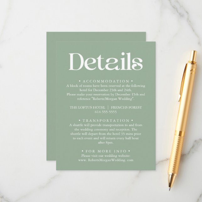 Modern Typography Sage Green Wedding Details Enclosure Card (Front/Back In Situ)