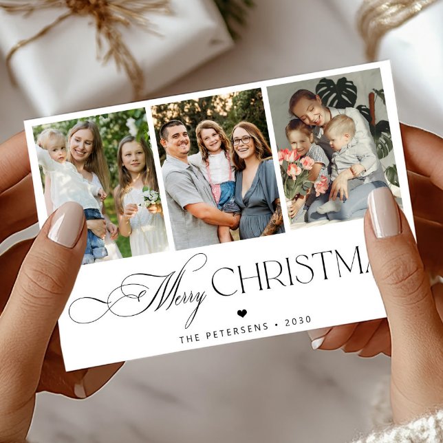 Modern typography script 3 photos Merry Christmas Holiday Card (Creator Uploaded)