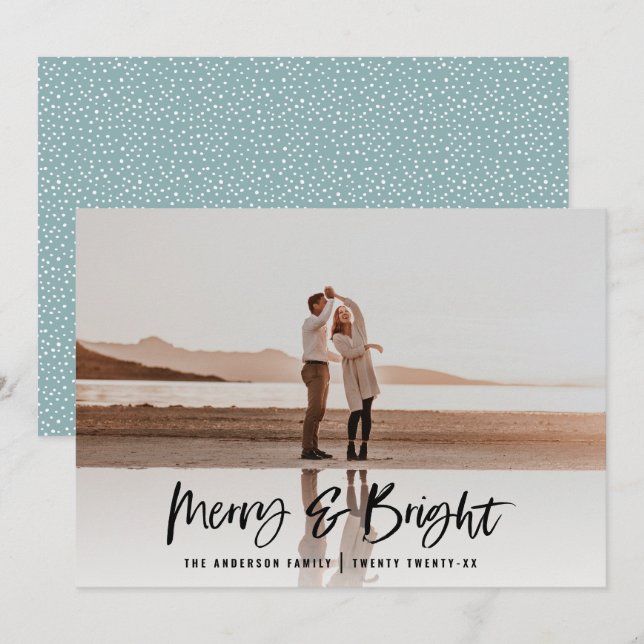 Modern typography script blue photo Christmas Holiday Card (Front/Back)