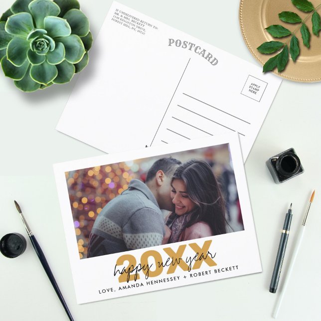 Modern Typography Script New Year Photo Holiday Postcard (Creator Uploaded)