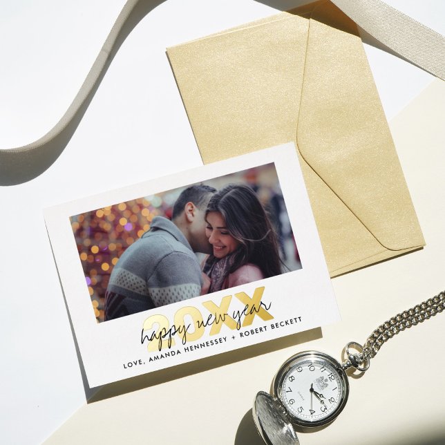 Modern Typography Script New Year Photo Real Foil Holiday Card (Creator Uploaded)