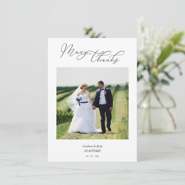 Modern Typography Script Photo Newlyweds Thank You Card (Standing Front)