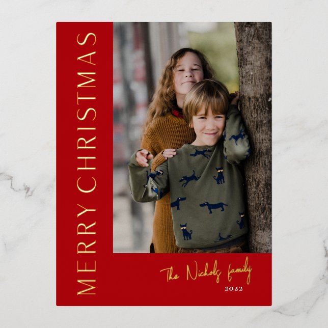 Modern Typography Simple Christmas Photo Foil Holiday Postcard (Front)