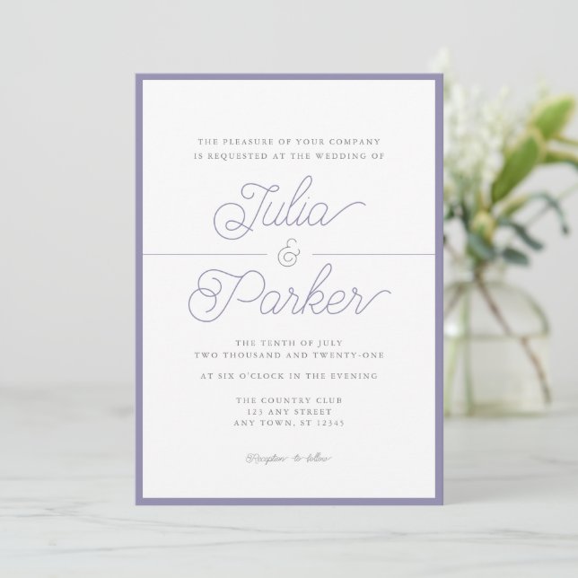 Modern Typography Simple Lavender Border Wedding Invitation (Standing Front)