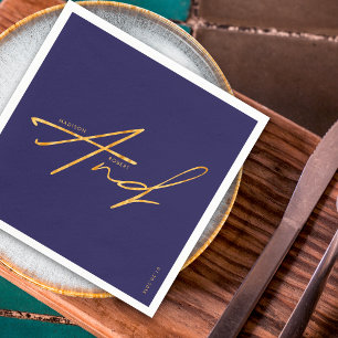 Modern Typography Simple Navy Blue Gold Wedding Napkin