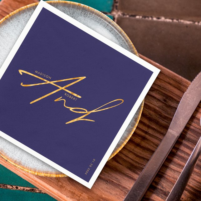 Modern Typography Simple Navy Blue Gold Wedding Napkin (Creator Uploaded)
