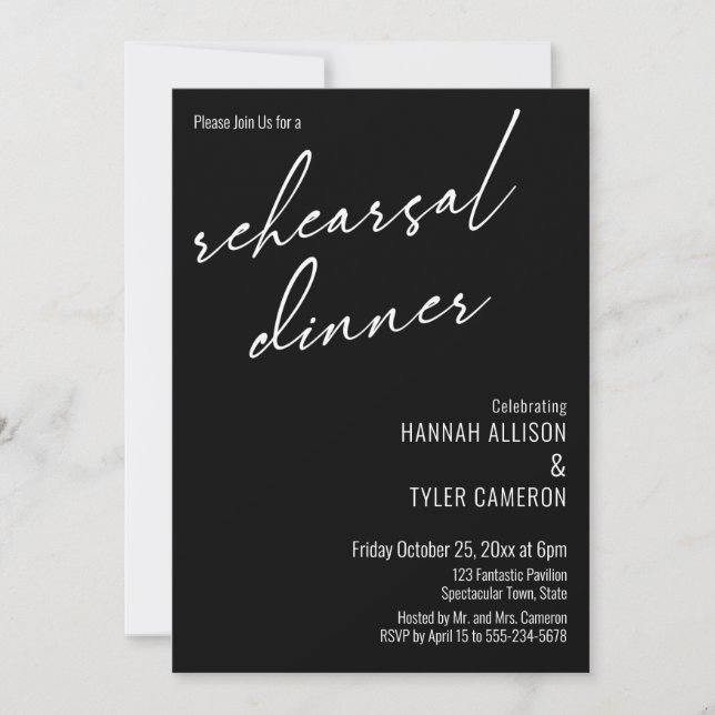 Modern Typography Simple Rehearsal Dinner Black Invitation (Front)