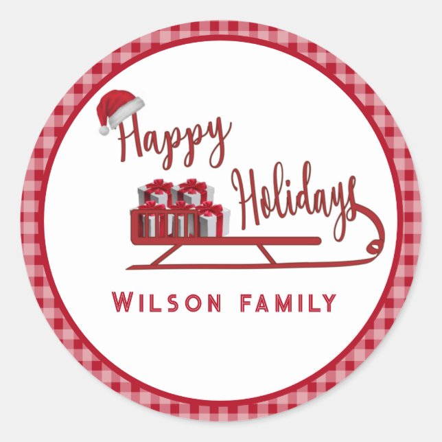 Modern typography Sledge Happy Holidays   Classic Round Sticker (Front)