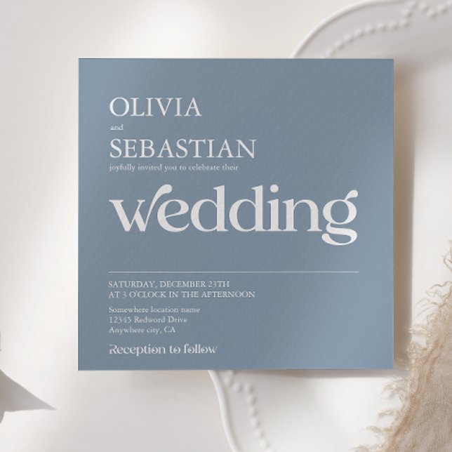 Modern Typography Square Photo Dusty Blue Wedding Invitation (Creator Uploaded)