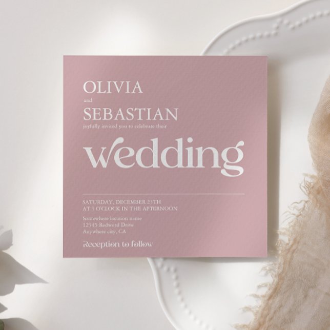 Modern Typography Square Photo Dusty Rose Wedding Invitation (Creator Uploaded)