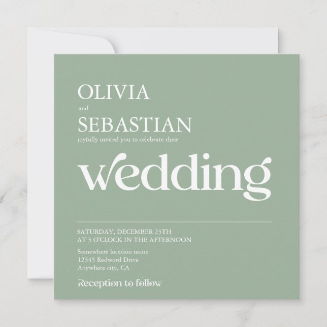 Modern Typography Square Photo Sage Green Wedding Invitation (Front)