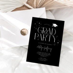 Modern Typography Stars Black Graduation Party Invitation