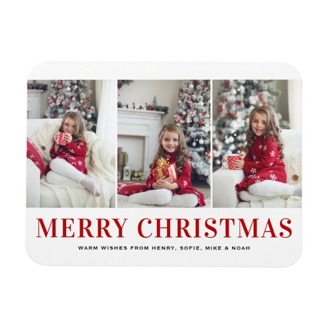 Modern Typography Three Photo Collage Christmas Magnet (Horizontal)