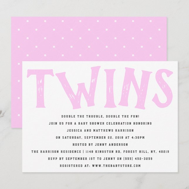 Modern Typography Twin Girls Baby Shower Invitation (Front/Back)